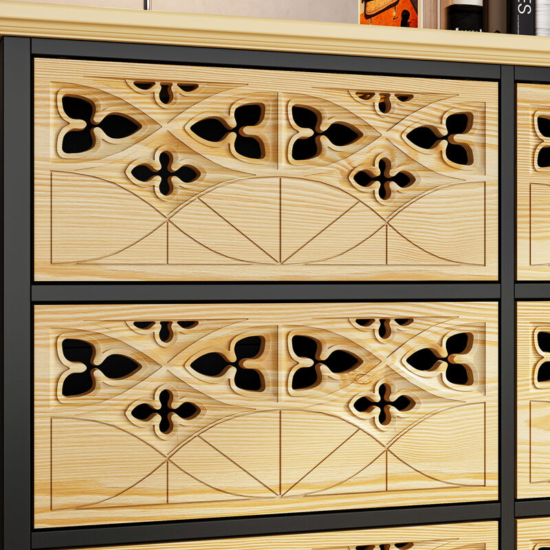 FUFU&GAGA 9-Drawer Tall Storage Cabinet , Modern Chest Organizer for Bedroom, Living Room, or Office (59.1 in. W x 15.7 in. D x 31.5 in. H),  Natural Wood Finish and Black Accents