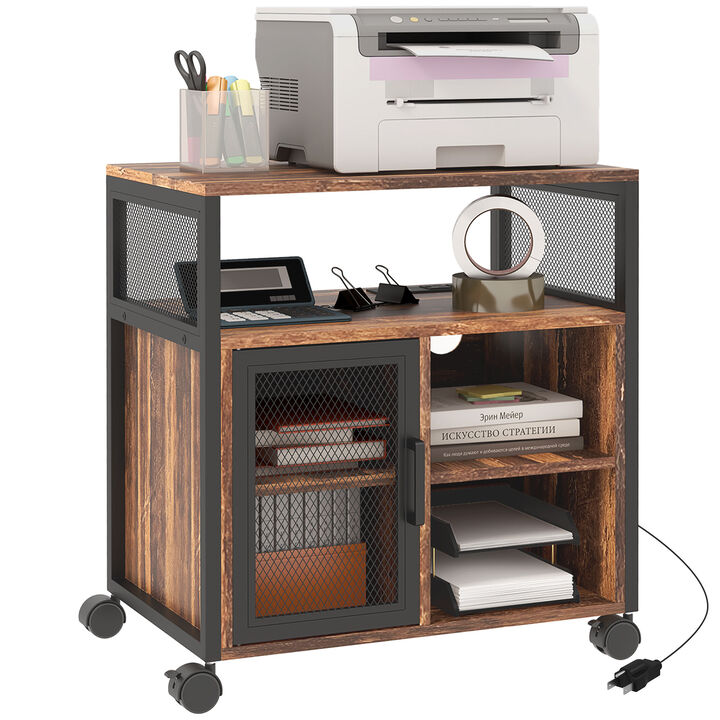 Vinsetto Printer Table with Socket and USB Charging Ports for Home Office, Industrial Mobile Printer Stand with Storage Cabinet and Wheels, Printer Cabinet with Adjustable Shelf, Rustic Brown