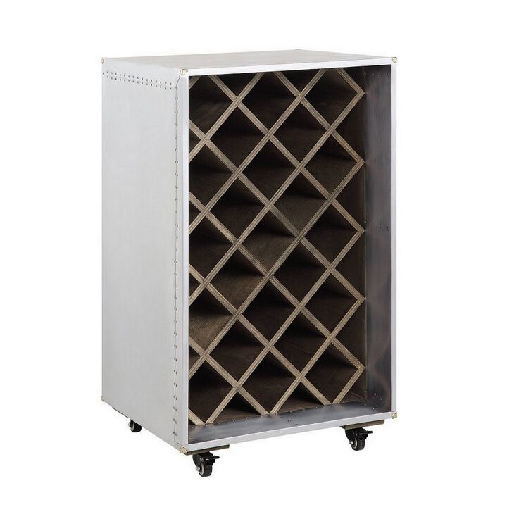 35 Inch Wine Cabinet, Nailhead Trim, Caster Wheels, Silver Aluminium Finish - Benzara