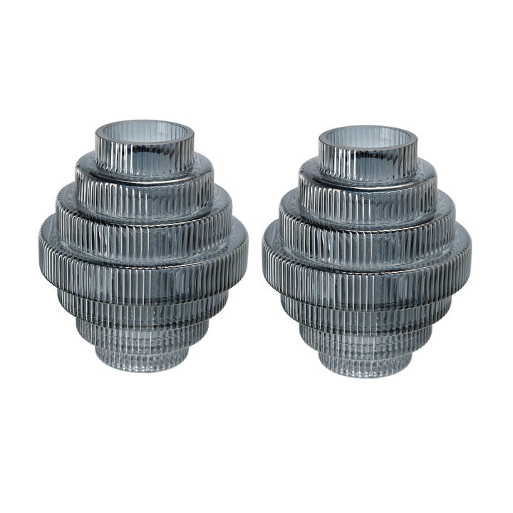 Rae Set of 2 Glass Vases, Geometric Round, Smokey Blue and Clear Finish - Benzara