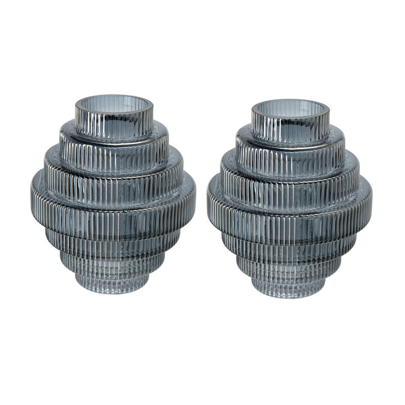Rae Set of 2 Glass Vases, Geometric Round, Smokey Blue and Clear Finish - Benzara