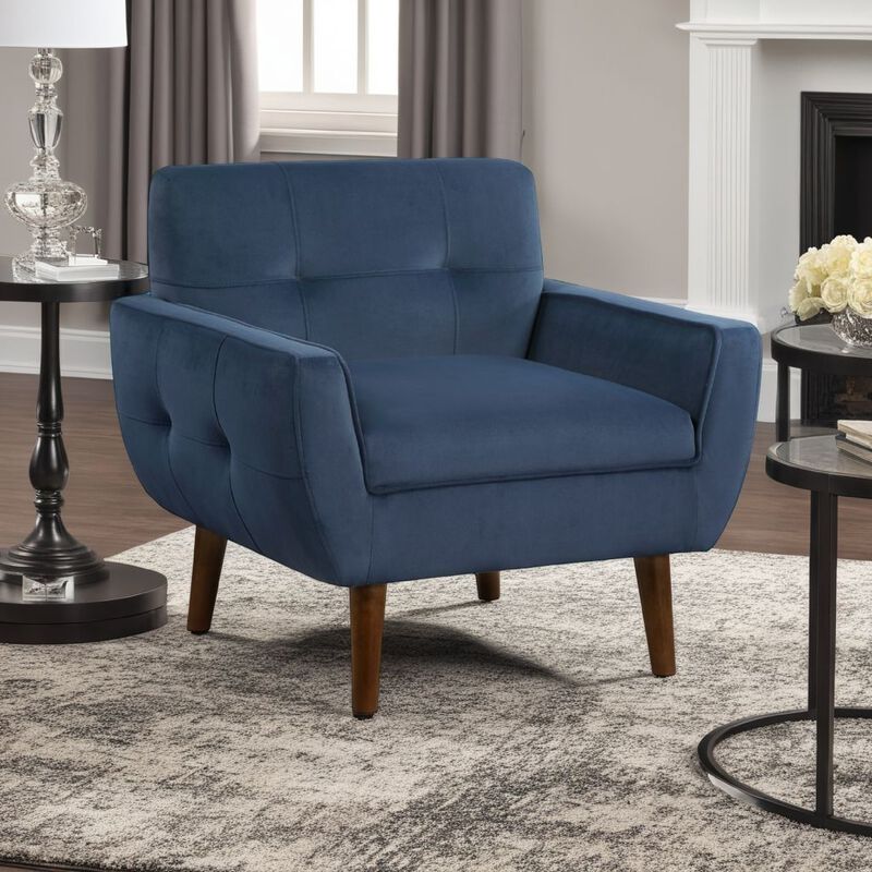 Roa Accent Armchair, Navy Blue Velvet, Tufted Back w Tapered Legs