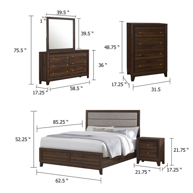 Yels 5 Piece Queen Bedroom Set, Gray Upholstery, Walnut Brown Wood