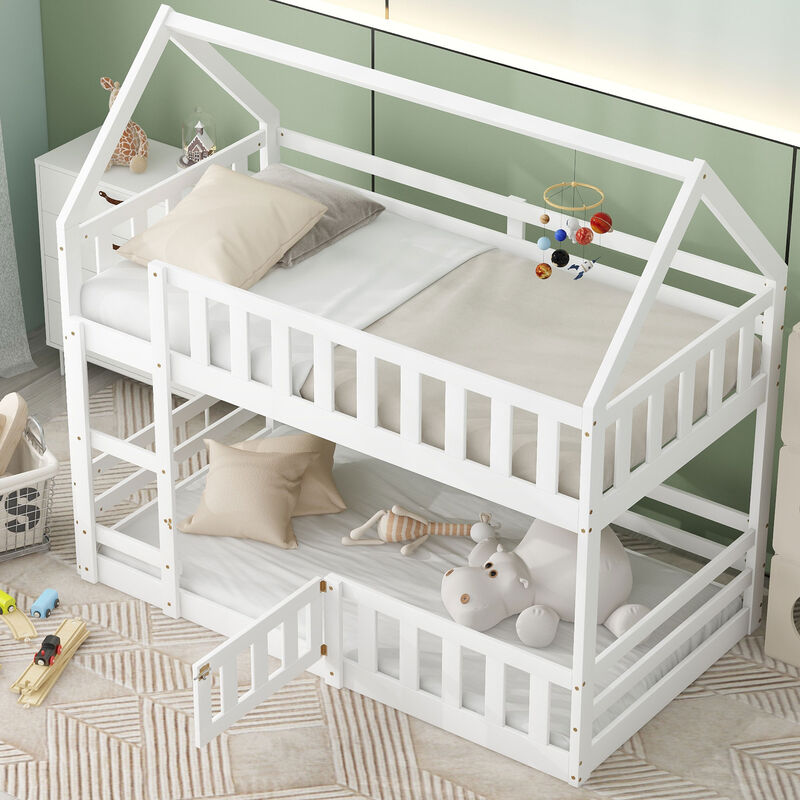 Whisen Wood Twin over Twin House-Shaped Bunk Bed with Fence with Door and Ladder - White