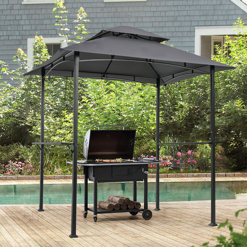 Outdoor Grill Gazebo 8 x 5 Ft, Shelter Tent, Double Tier Soft Top Canopy and Steel Frame with hook and Bar Counters, Grey image number 4