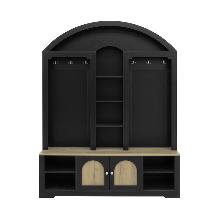 Merax Curved Two-Tone Hall Cabinet with Hooks, Shelves & Shoe Storage &ndash; Scandinavian Design