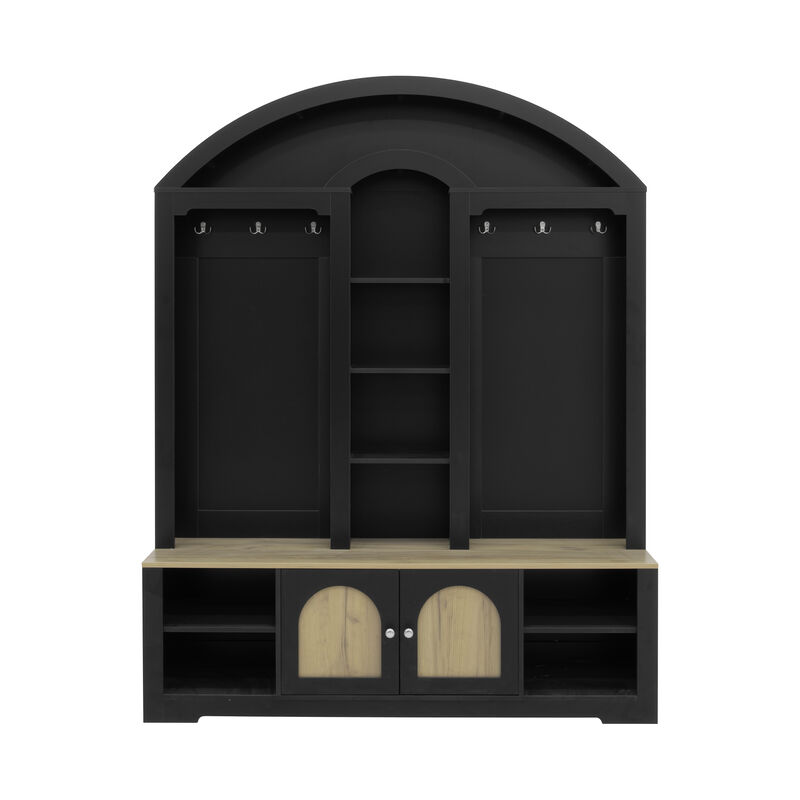 Merax Curved Two-Tone Hall Cabinet with Hooks, Shelves & Shoe Storage &ndash; Scandinavian Design image number 0