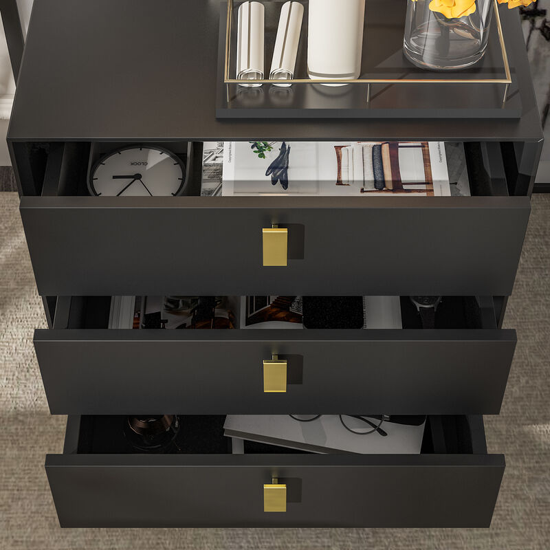 3-Drawer Black Nightstands Side End Table With Gold Metal Legs For Living Room, Bedroom