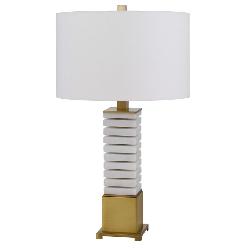 28 Inch Table Lamp, White Drum Hardback, Marble and Antique Brass Finish - Benzara