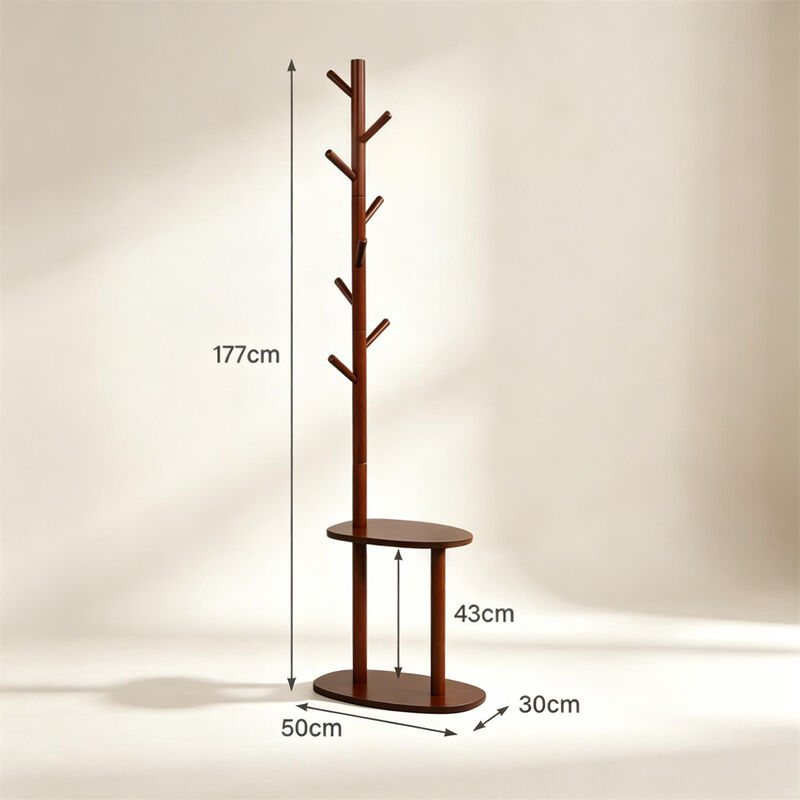 Freestanding Wood Coat Rack with 8 Hooks and 2 Shelves for Home Storage image number 2