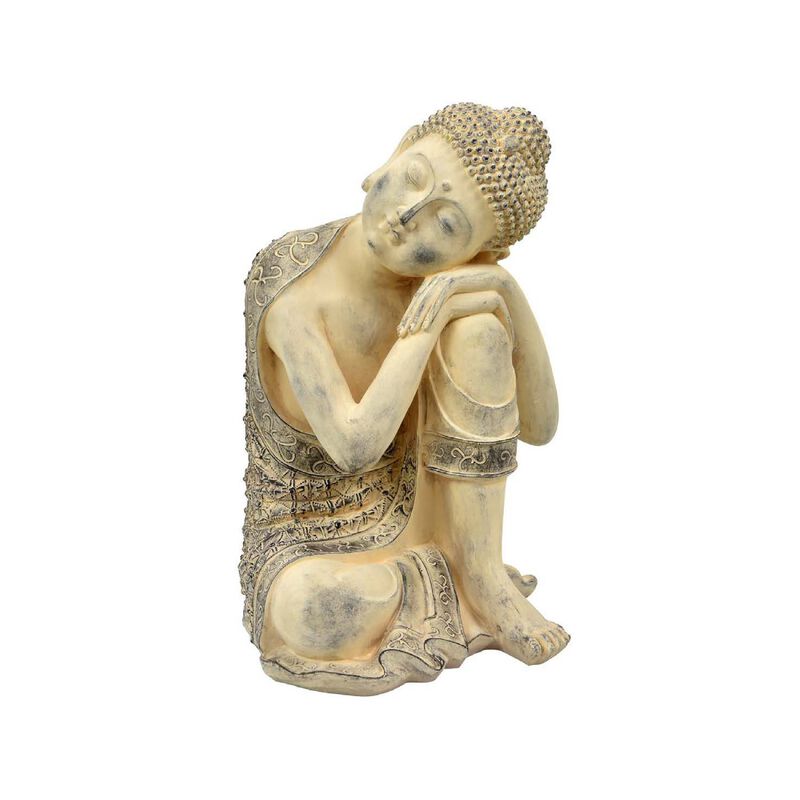 Decorative Resting Buddha Figurine, Antique Beige Resin, 14 Inch - Benzara