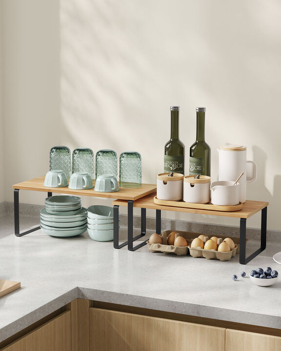 Set of 2 Cabinet Shelf Organizers Stackable, Expandable Metal and Bamboo Kitchen Counter Shelves