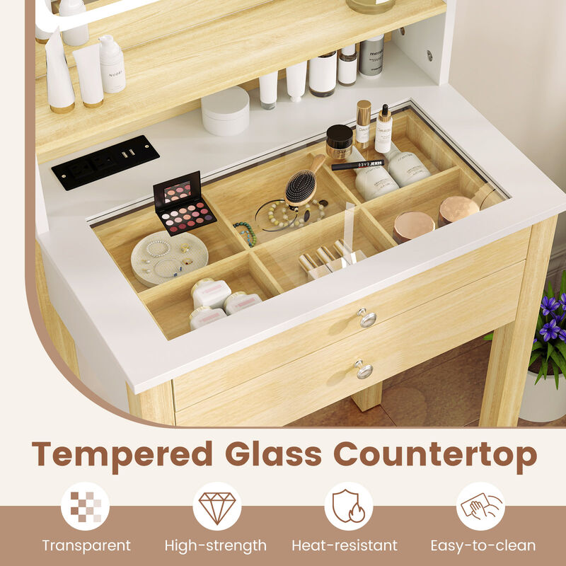 Small Vanity Desk Set with Adjustable LED Lighted Mirror and Power Outlets