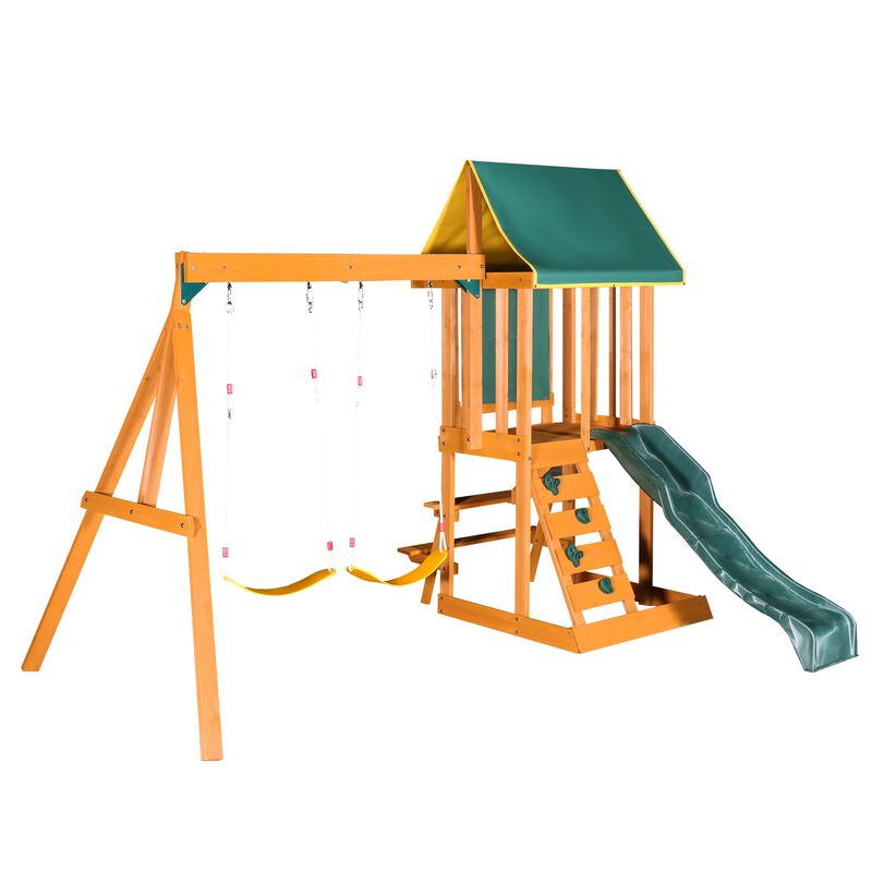 Mondawe Outdoor Cedarwood 3-in-1 Kids Playset Swing Set with Slide & Rock Wall, Adjustable Swings