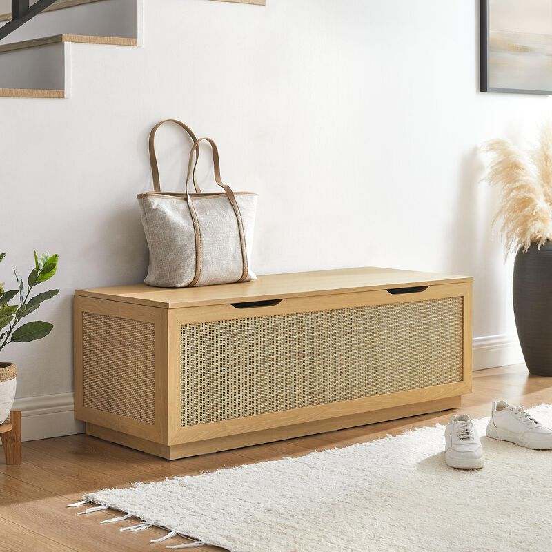 Modway Soma Rattan Storage Bench in Oak &ndash; Faux Cane Flip-Top Low Profile Storage Ottoman for Bedroom, Entryway, or Living Room image number 4