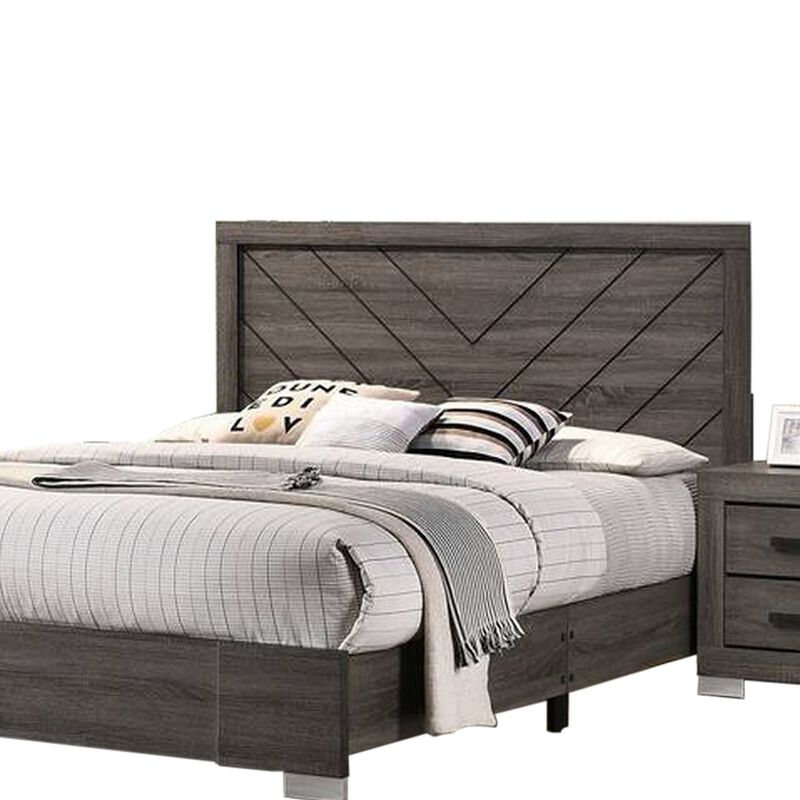 Lola Classic Queen Size Bed, Wood Grain, Strong Block Legs, Taupe Brown - Benzara