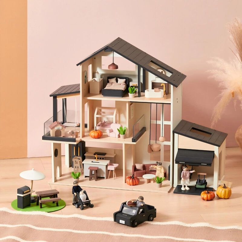 Wooden Doll House, Black Dollhouse & Dollhouse Garage & Extra Dolls Set image number 2