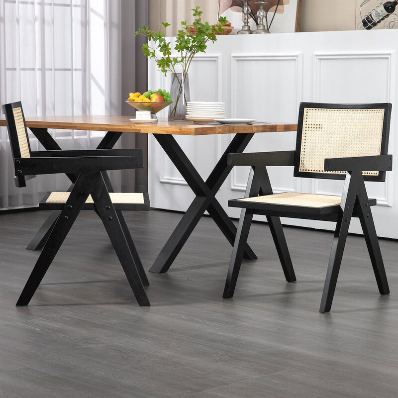Glamour Home Set of 2 Bardot Black Wooden Dining Chair with Rattan Back