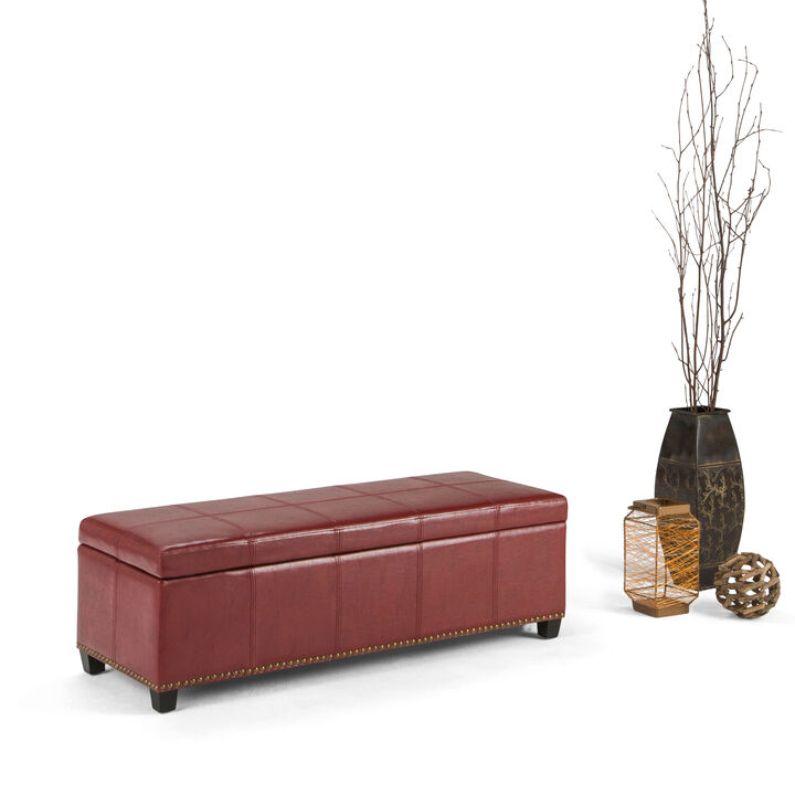Kingsley 48 inch Wide Transitional Rectangle Large Storage Ottoman in Radicchio Red Vegan Faux Leather, Assembled