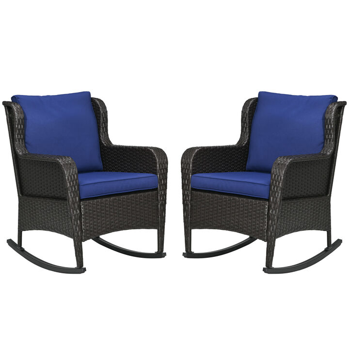 Outsunny Outdoor Wicker Rocking Chair Set of 2 with Wide Seat, Thickened Cushion, Rattan Rockers with Steel Frame, High Weight Capacity for Patio, Garden, Backyard, Dark Blue