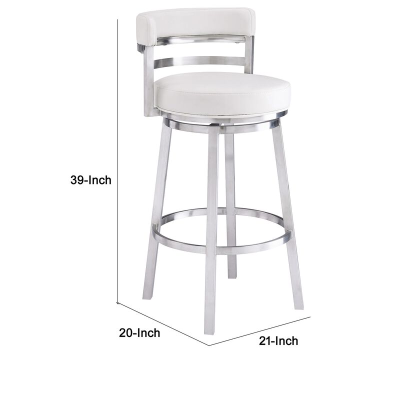 Eva 30 Inch Padded Swivel Bar Stool Chair, Steel Finish, White Faux Leather-Benzara image number 5