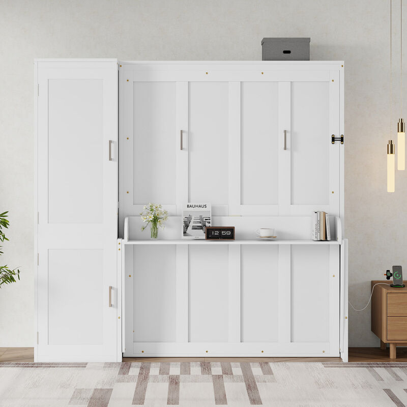 Whisen Queen Size Wood Murphy Bed with Wardrobe, Desk, Gas Struts and Charging Station image number 2
