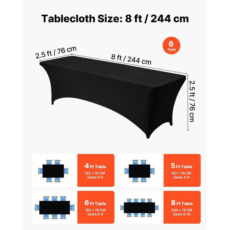 6 Pack Washable Stretch Tablecloths for Rectangular Tables, Fitted Covers for Banquet & Events-Black image number 2