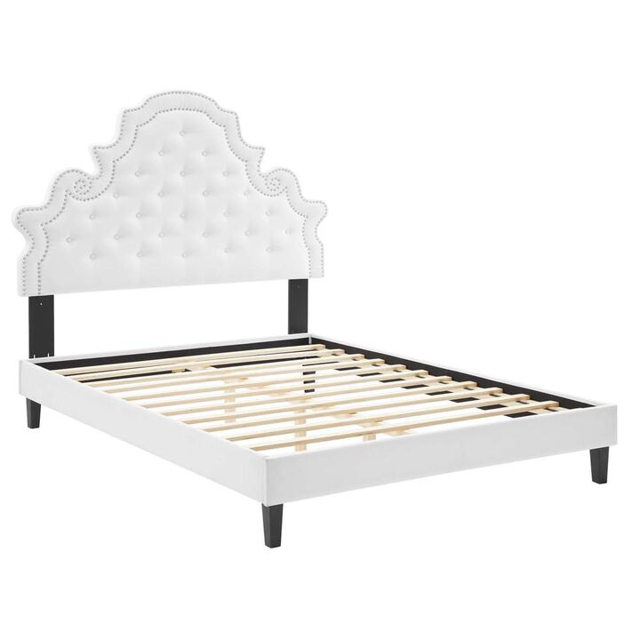 Modway Gwyneth Tufted Performance Velvet Twin Platform Bed in White with Black Wood Legs