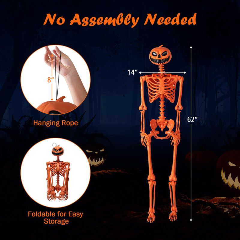 Orange Halloween Skeleton Decoration with Movable Joints and Pumpkin Head Design image number 2