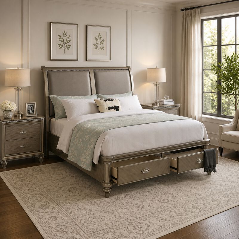 Queen Bedroom Set, Gold Wood, 3 Piece Set with 2 Nightstands image number 8
