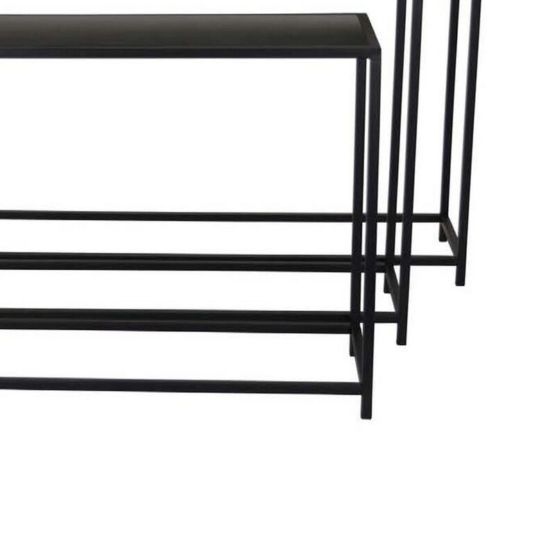 Set of 3 Plant Stand Tables, Rectangular Wood Top, Metal Open Frame, Black - Benzara