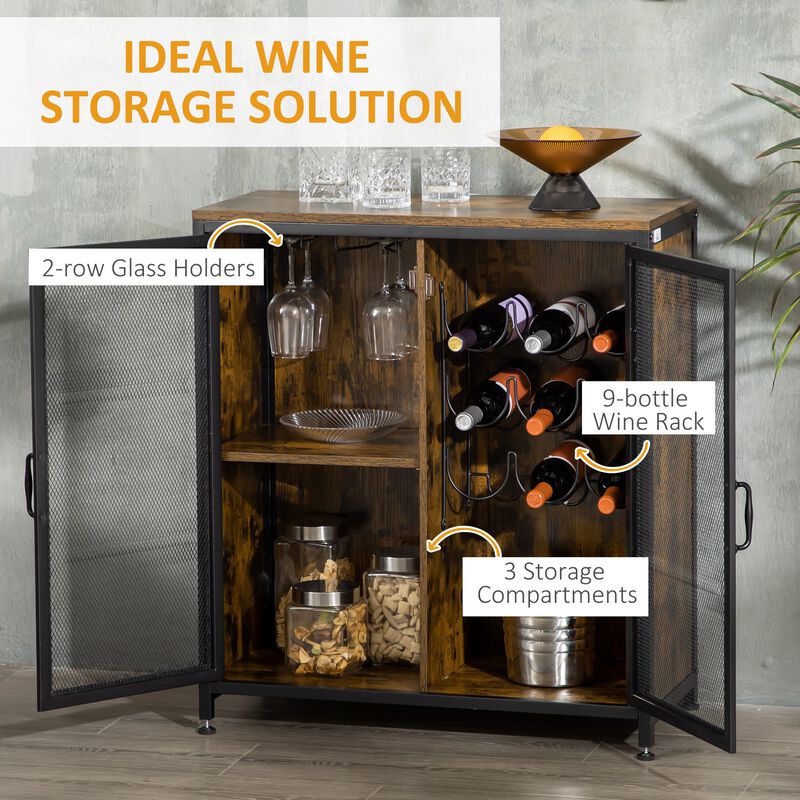 Industrial Wine Rack for 9 Bottles, Retro Liquor Cabinet with Glass Holders, Mesh Doors, Storage Shelf for Home Bar, Dining Room, Rustic Brown