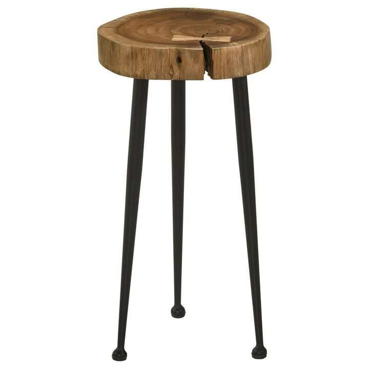 Benjara 22 Inch Side Table, Iron Tapered Legs, Live Edge Acacia Wood, Natural, Brown and Black
