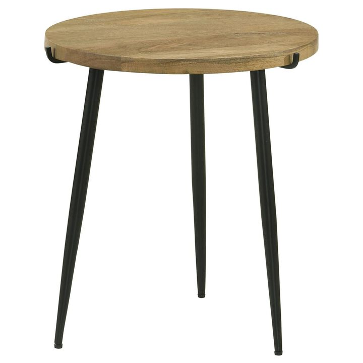 Benjara Pia 20 Inch Side End Table, Mango Wood Top, Round, Iron Tripod Legs, Brown, Black