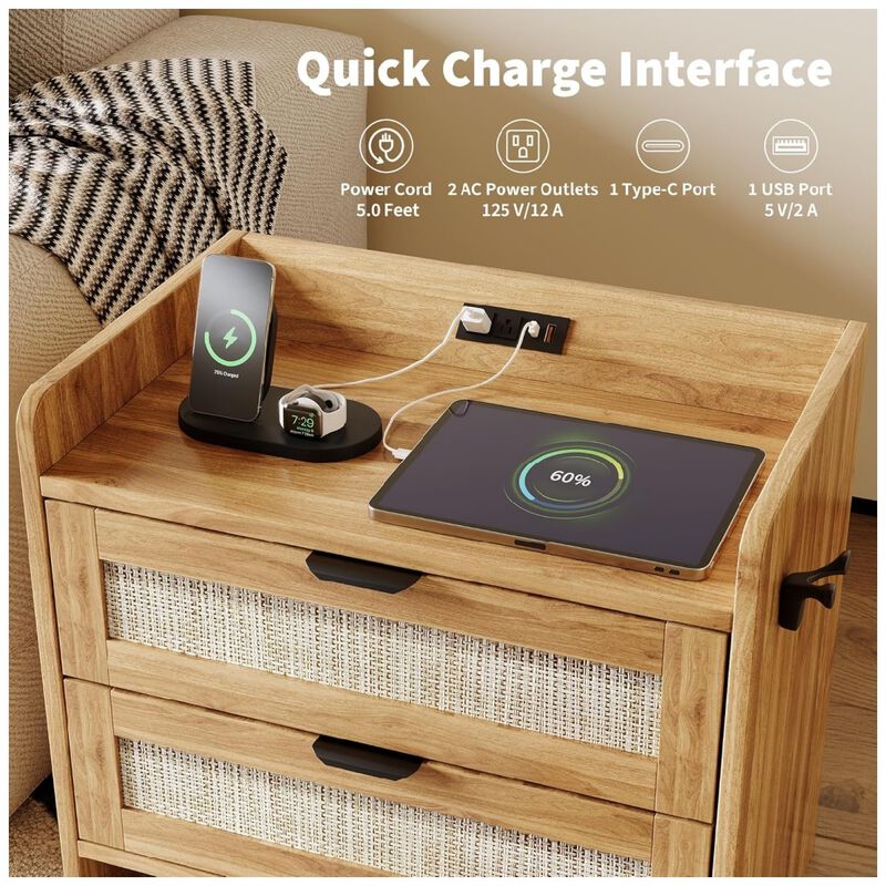 Rattan Nightstand, Bedside Table with Type-C Charging Station - 2 Storage Drawer Space, Boho End Table Side Table, Walnut Brown 1pcs image number 5