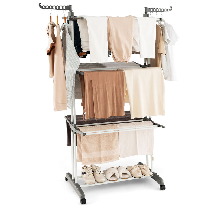 4-tier Clothes Drying Rack with Rotatable Side Wings and Collapsible Shelves-Gray