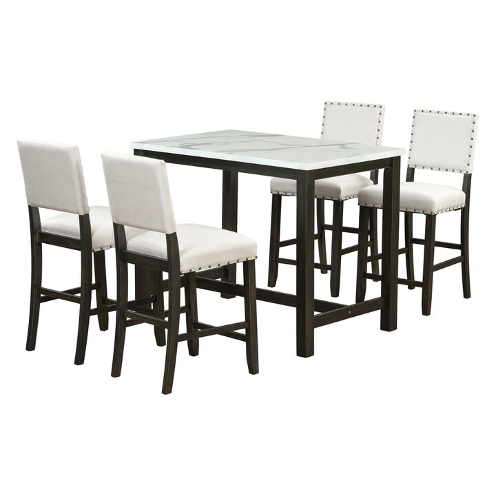 5 Piece Rustic Wooden Counter Height Dining Table Set with 4 Upholstered Chairs for Small Places, Faux Marble Top+Black Body
