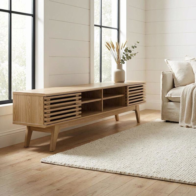 Brown wood entertainment center with spacious TV stand and sleek design image number 4