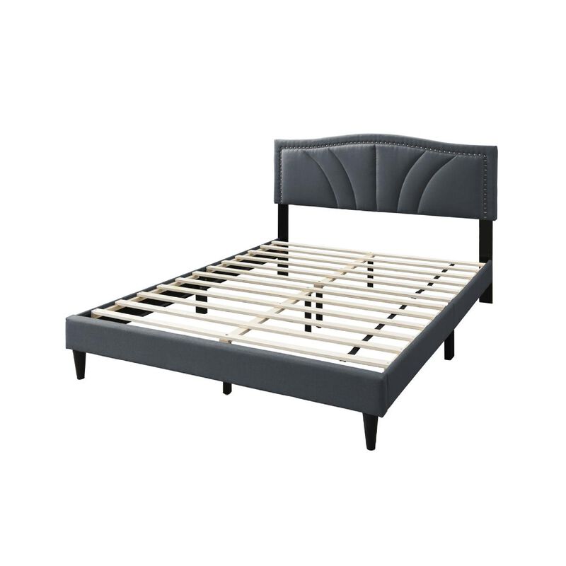 Reo Queen Size Bed, Charcoal Gray Burlap Upholstered Curved Headboard - Benzara