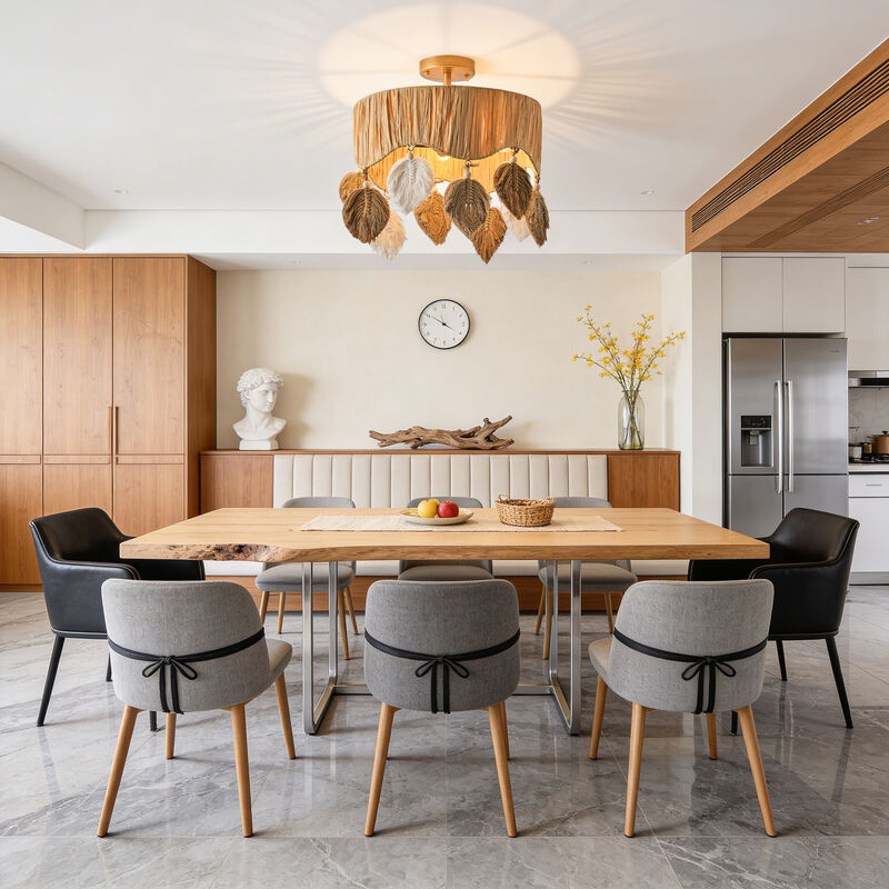 15.7" 4-Light Boho Antique Gold Handwoven Raffia Semi-Flush Mount Ceiling Light with Leaf-Shaped Cotton Cord Hanging Ornament for Bedroom, Living Room or Entryway image number 3