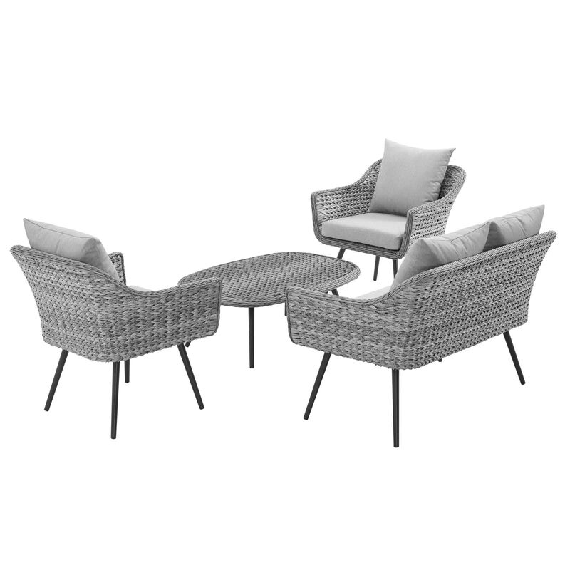 Modway - Endeavor 4 Piece Outdoor Patio Wicker Rattan Loveseat Armchair and Coffee Table Set Gray