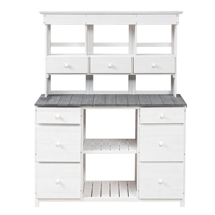 Garden Potting Bench Table, Rustic and Sleek Design with Multiple Drawers and Shelves for Storage, White and Gray