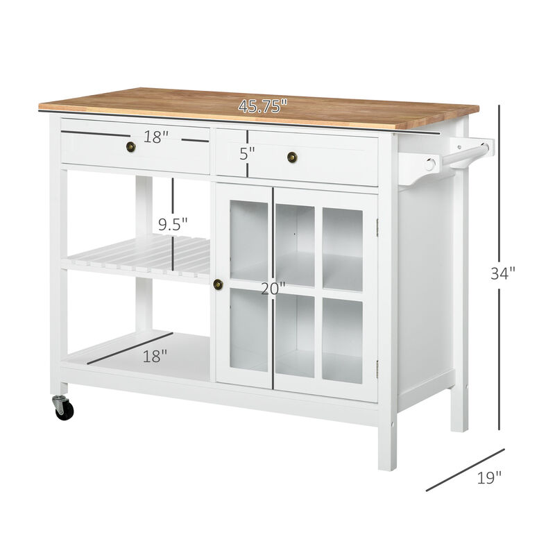 Rolling Kitchen Organizer Storage Serving Trolley with Rubber Wood Top, White