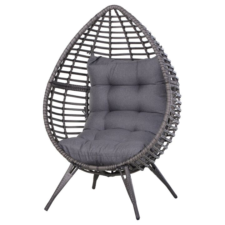 Grey Patio Wicker Lounge Chair with Soft Cushion, Outdoor/Indoor PE Rattan Egg Teardrop Cuddle Chair with Height Adjustable Knob for Garden