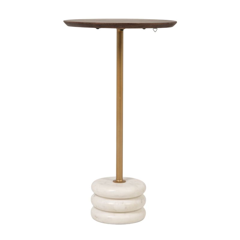 Stacked Marble Base and Mango Wood Drink Table with Gold Post, Walnut Finish image number 3