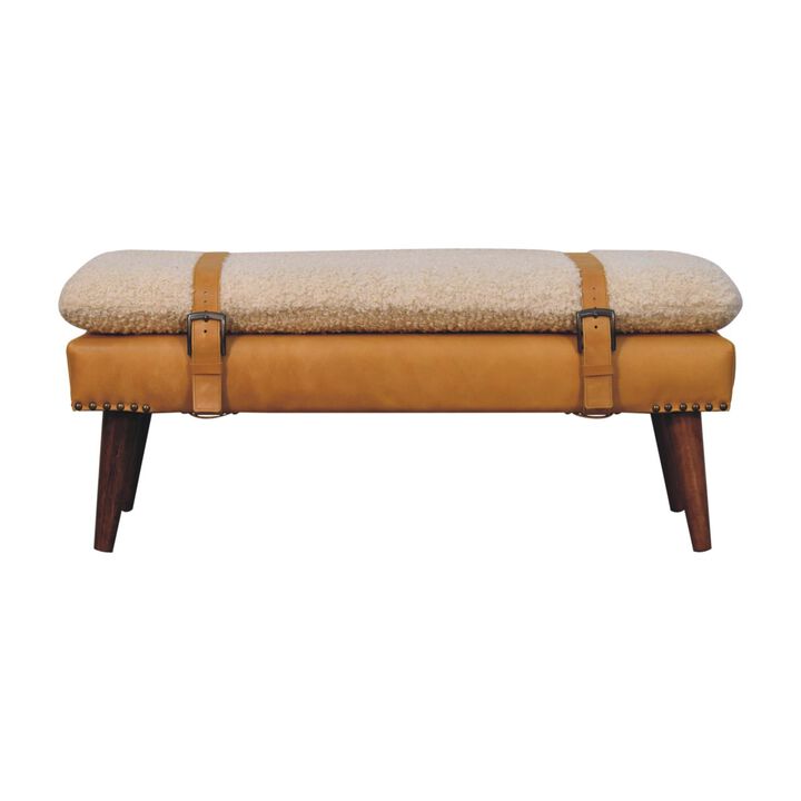 Artisan Furniture Solid Wood, Upholstered Boucle x Tan Leather Bench