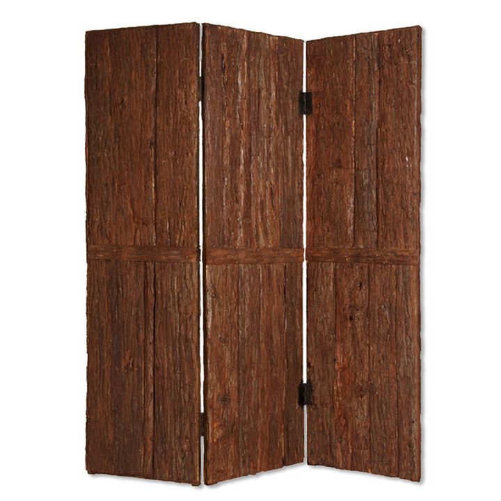 Wooden Foldable 3 Panel Room Divider with Plank Style, Small, Brown-Benzara