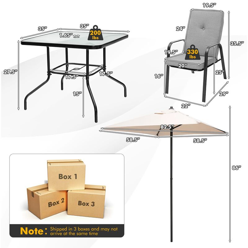 Mondawe 6Pcs Outdoor Dining Set,Square Glass Table W/ Sun-Protective Umbrella & 4 Stackable Chairs