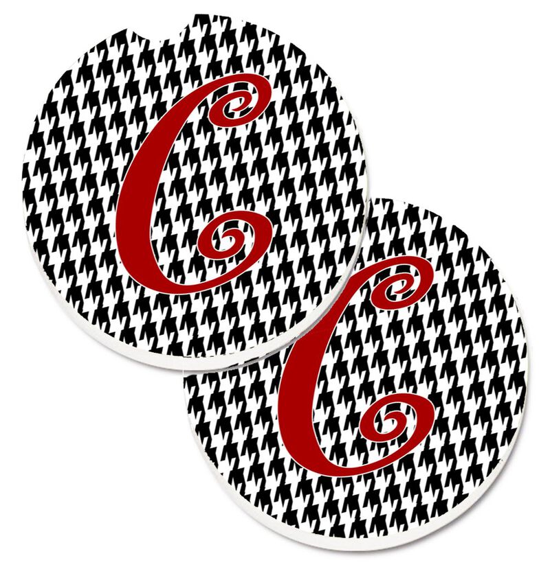Caroline's Treasures Monogram Initial C Houndstooth black Set of 2 Cup Holder Car Coasters CJ1035-CCARC, 2.56, Multicolor