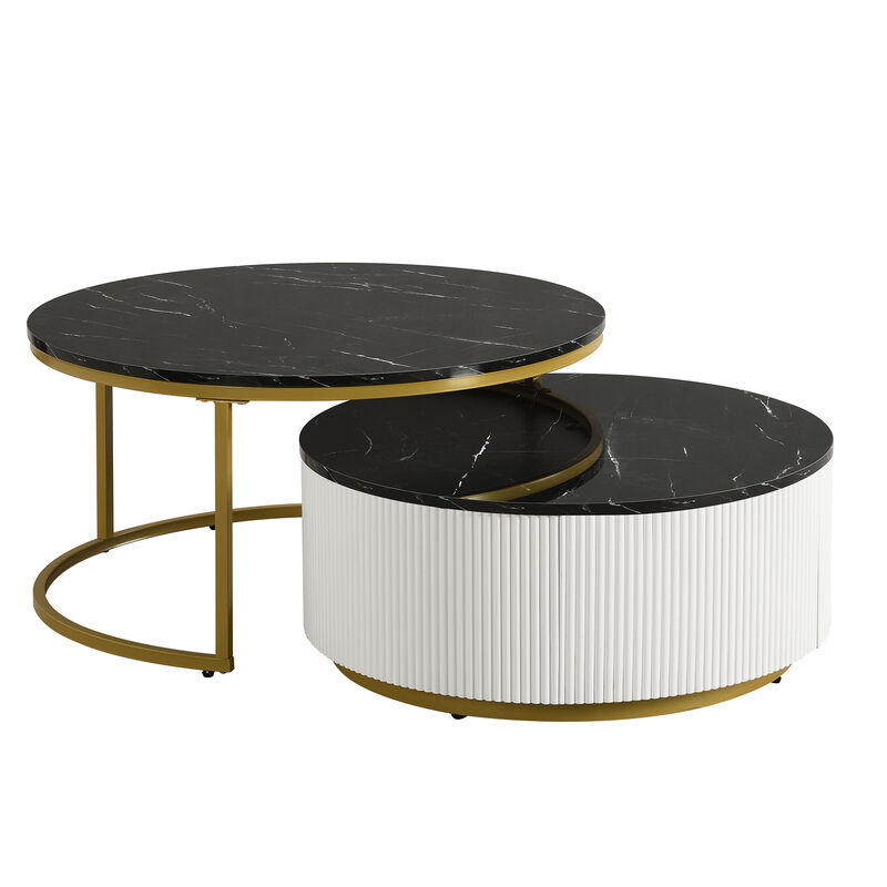 Merax Modern Round Nesting Coffee Table Fluted with Drawer